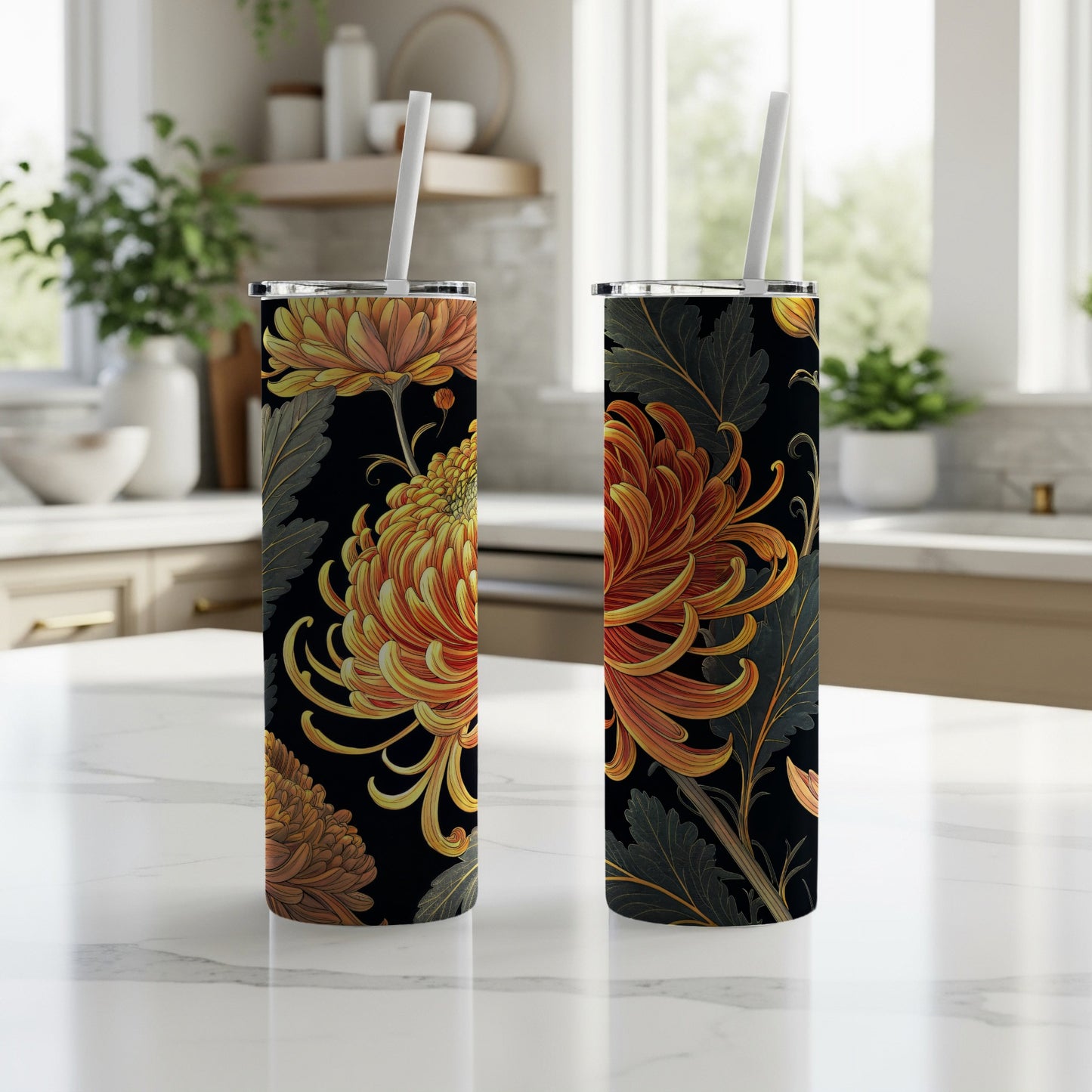 Yellow Orange Chrysanthemum Floral Artwork on Black Tumblers - Walk Greener