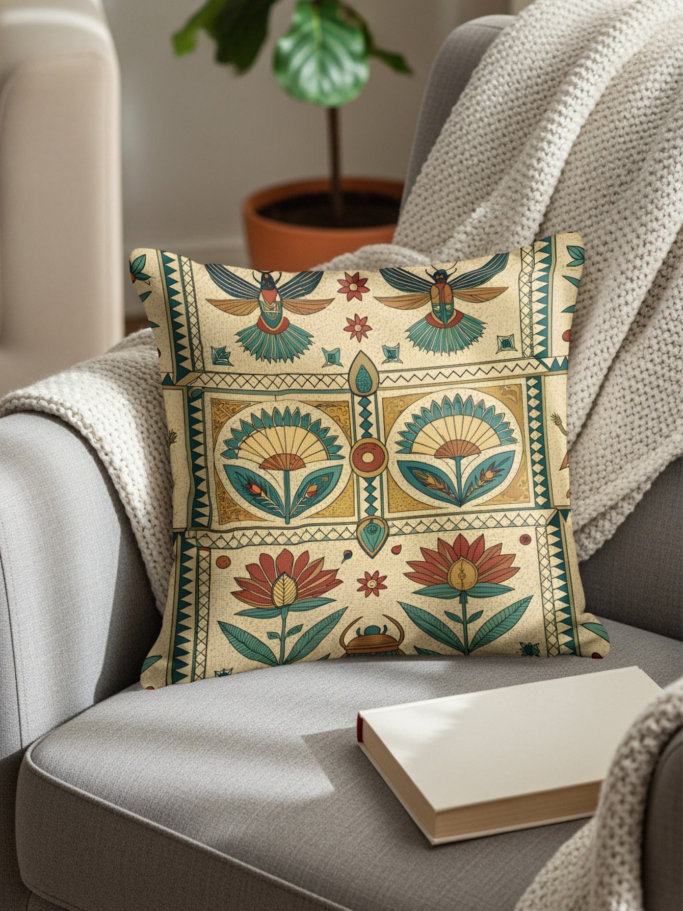 Colorful Egyptian-Inspired Design Throw Pillow