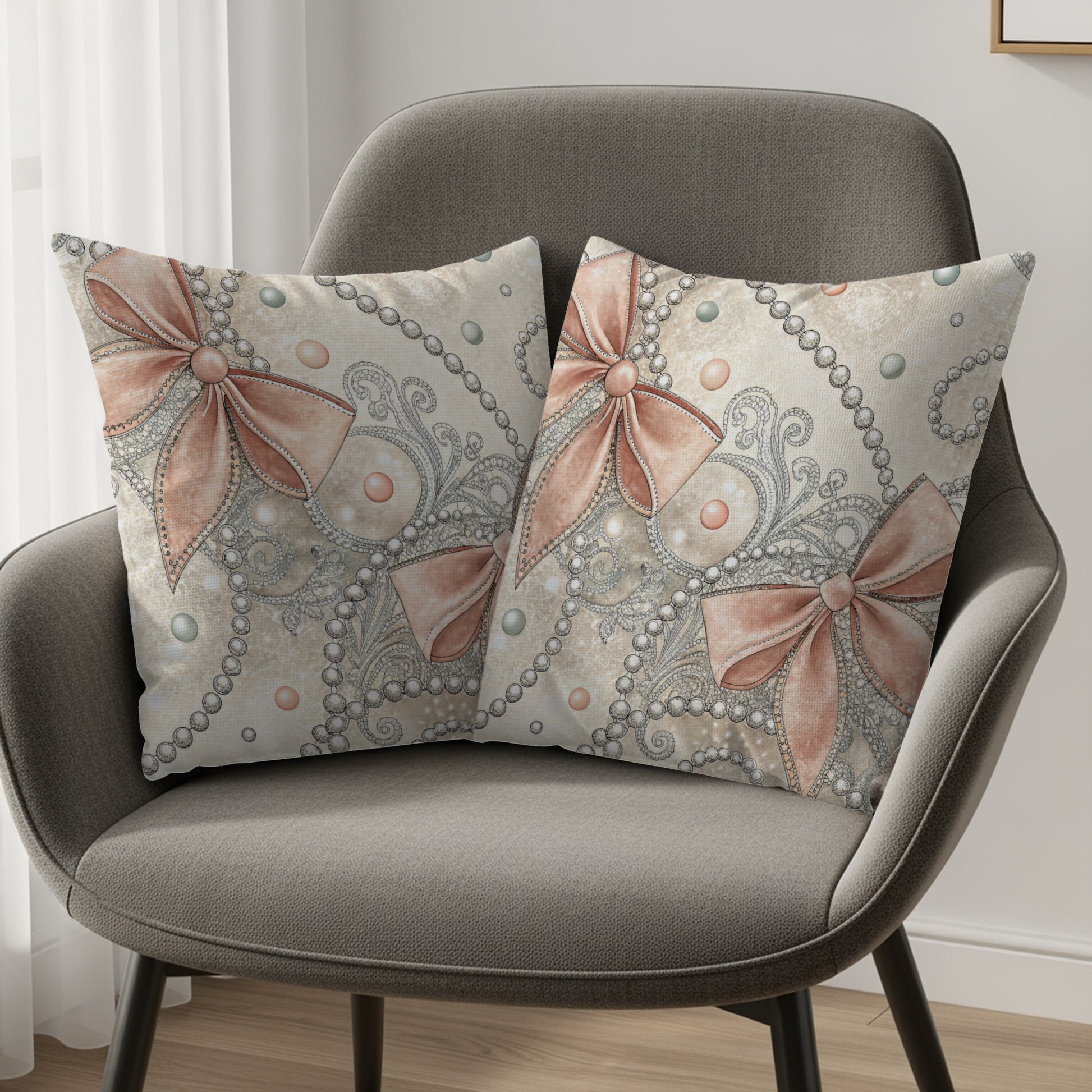 Pastel Bows Beads and Ornate Swirls Pattern Pillows & Pillow Cases - Walk Greener