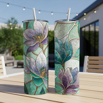 Floral Stained Glass Design Beautiful Flowers Style Art 20 oz Skinny Tumbler - Walk Greener