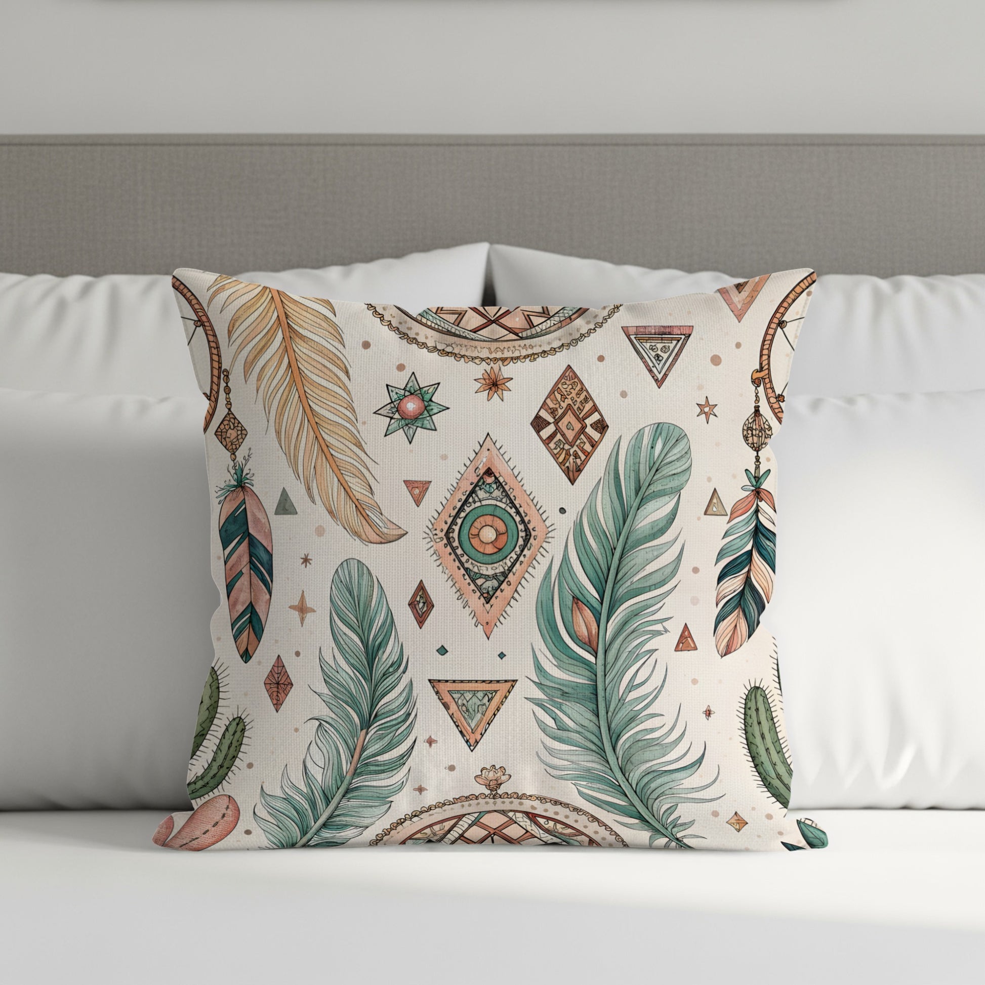 Bohemian Feather and Geometric Shapes Pillow