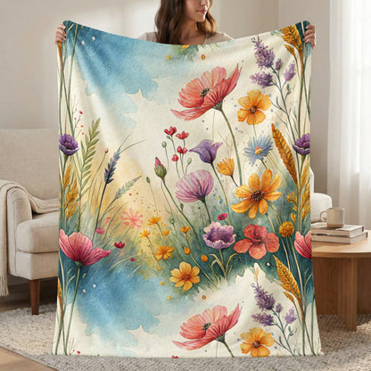 Watercolor Wildflower Meadow In Bloom Dreamscape Art Velveteen Plush Blankets - Walk Greener