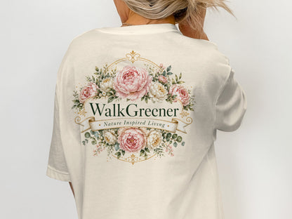 Cream t-shirt with floral wreath and "WalkGreener Nature Inspired Living" text.