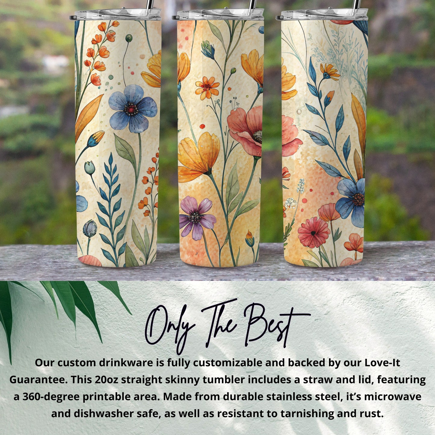 Watercolor Floral Design Colorful Flowers 20 oz Skinny Tumbler - Walk Greener