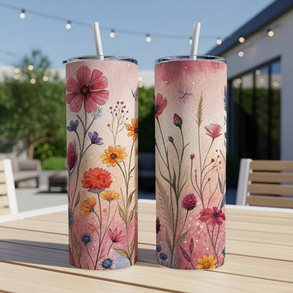 Watercolor Meadow Flowers and Butterflies 20 oz Skinny Tumbler - Walk Greener