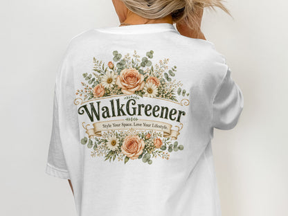 White t-shirt with WalkGreener logo and floral design.