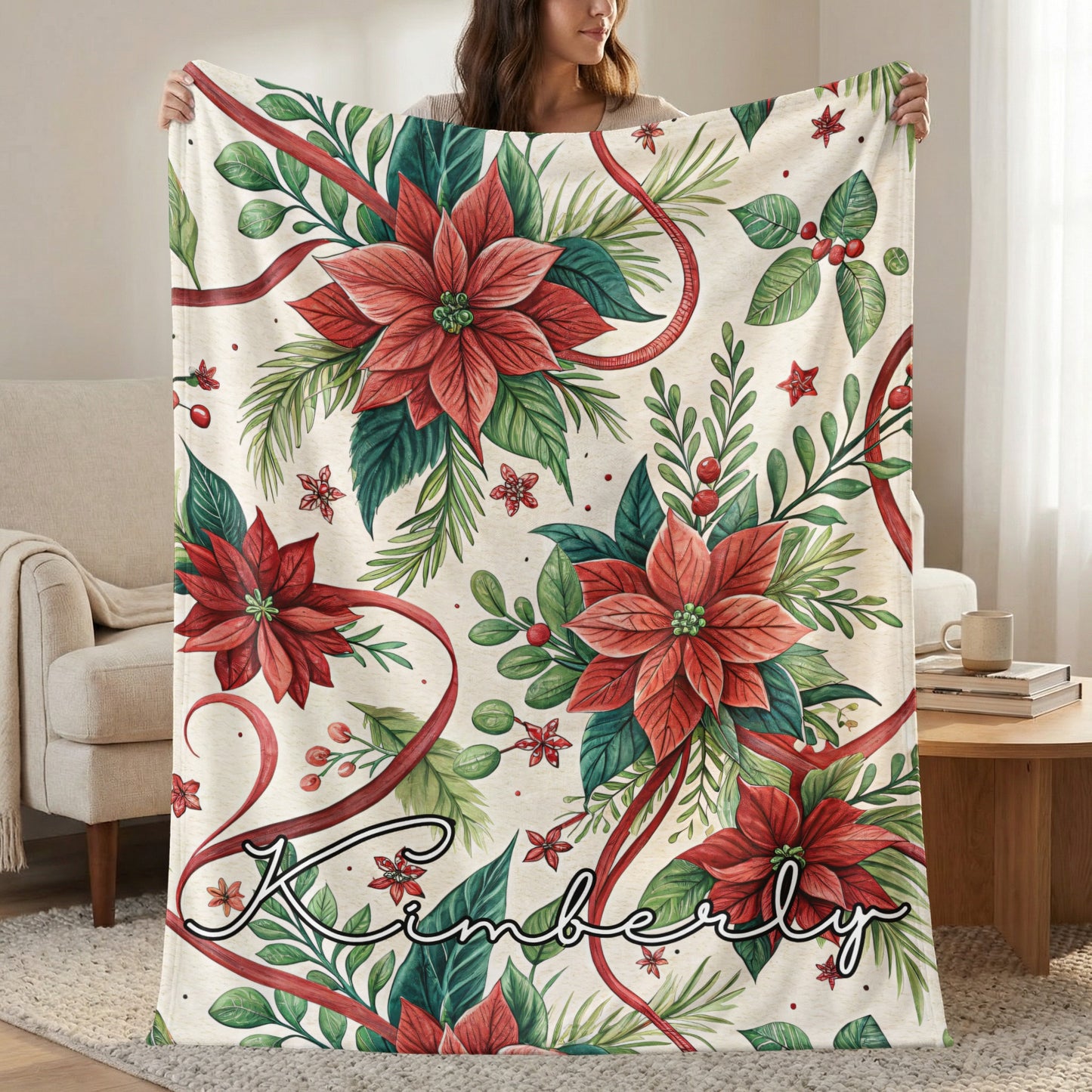 Festive Poinsettia and Holly Customized Blanket