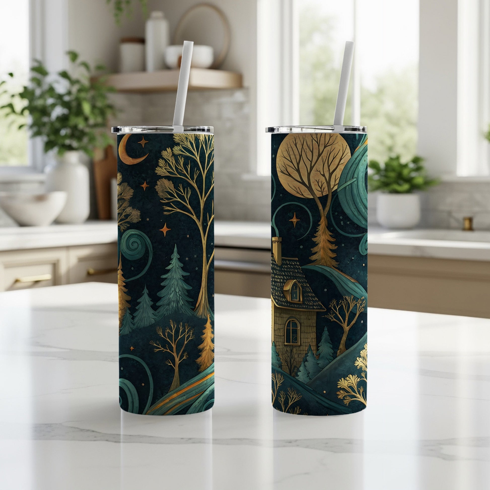 Moon Stars Over Cottage Dreamy Landscape Scene Tumbler - Walk Greener