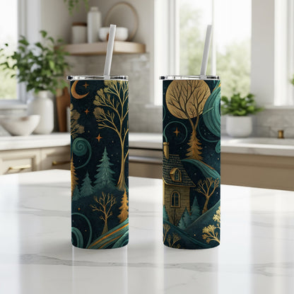 Moon Stars Over Cottage Dreamy Landscape Scene Tumbler - Walk Greener