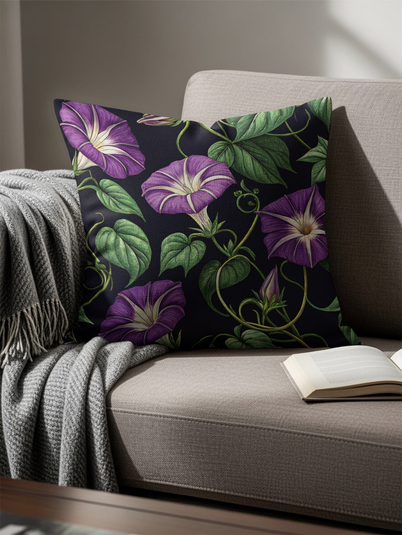 Vibrant Purple Floral Design on Black Cushion