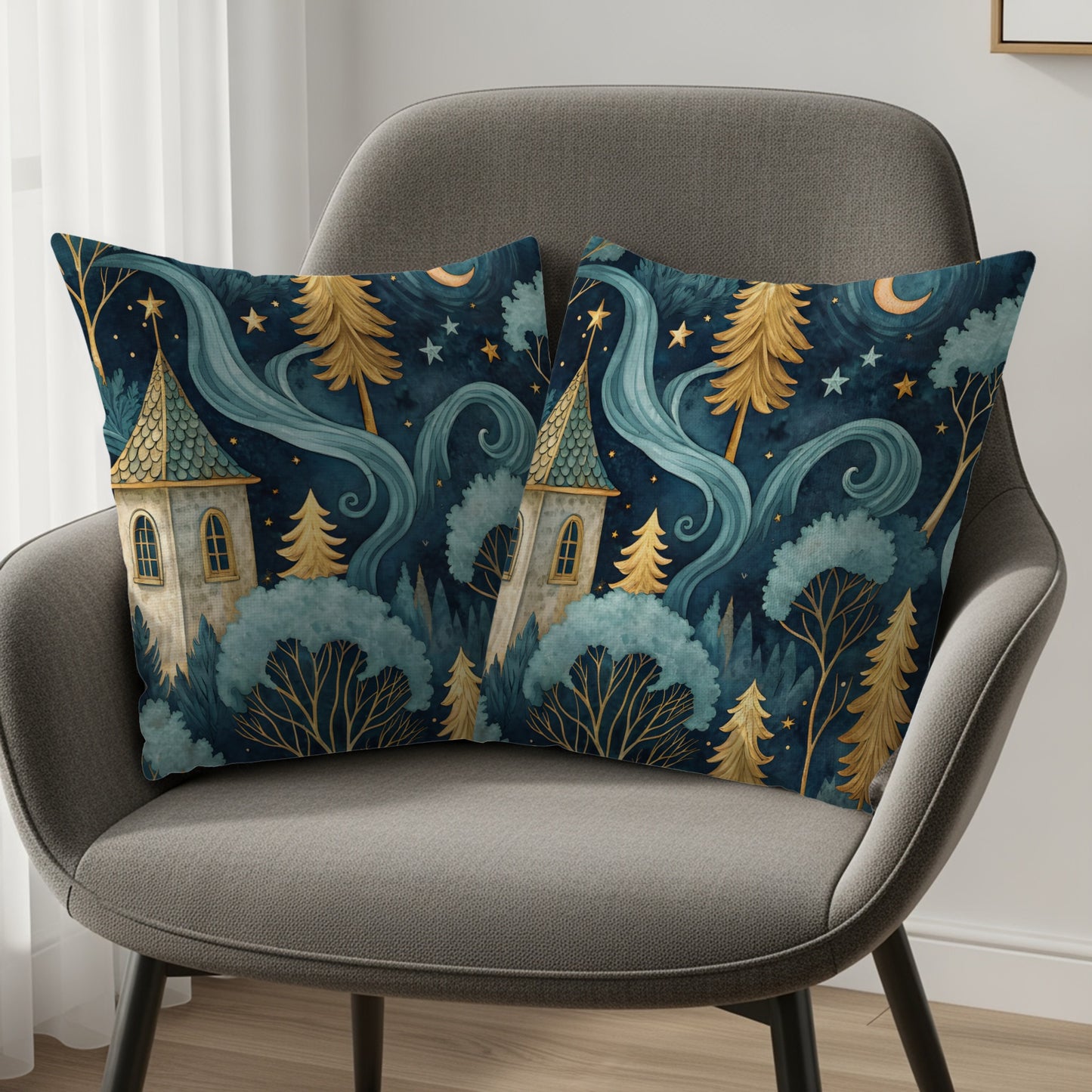 Dreamy Forest and Castle Design Throw Pillow Set