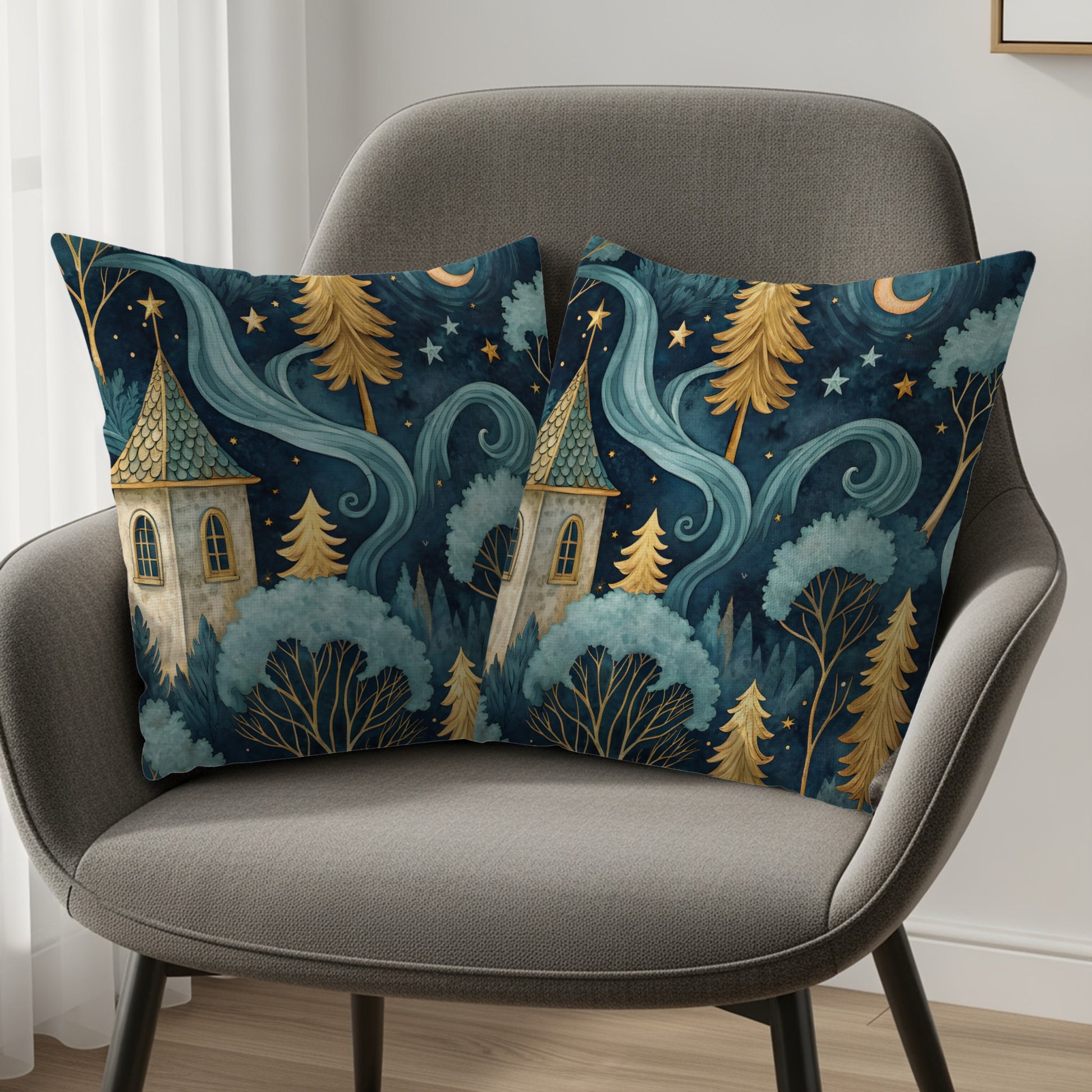 Dreamy Forest and Castle Design Throw Pillow Set