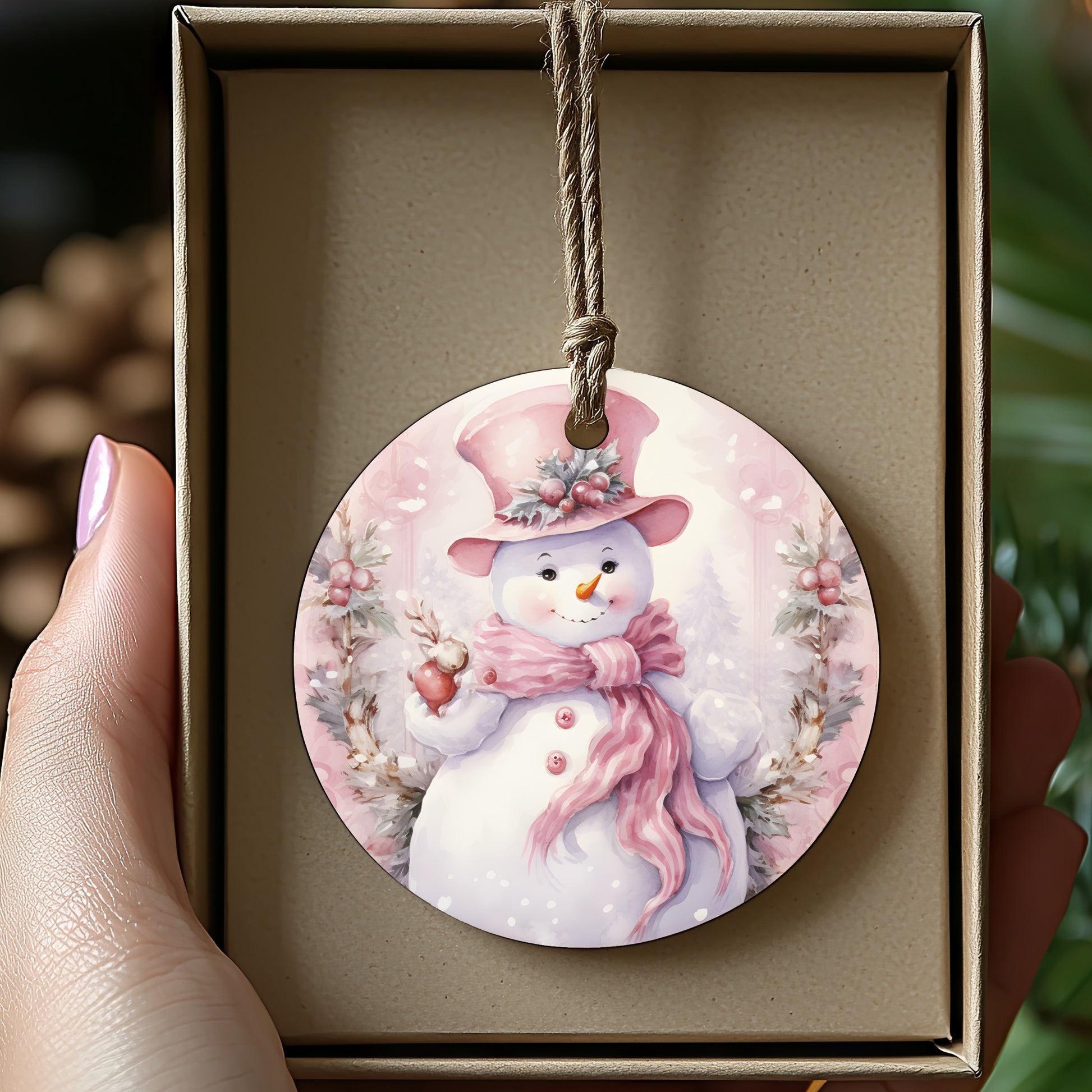 Snowman in Pink Hat and Scarf Christmas Ornament product type