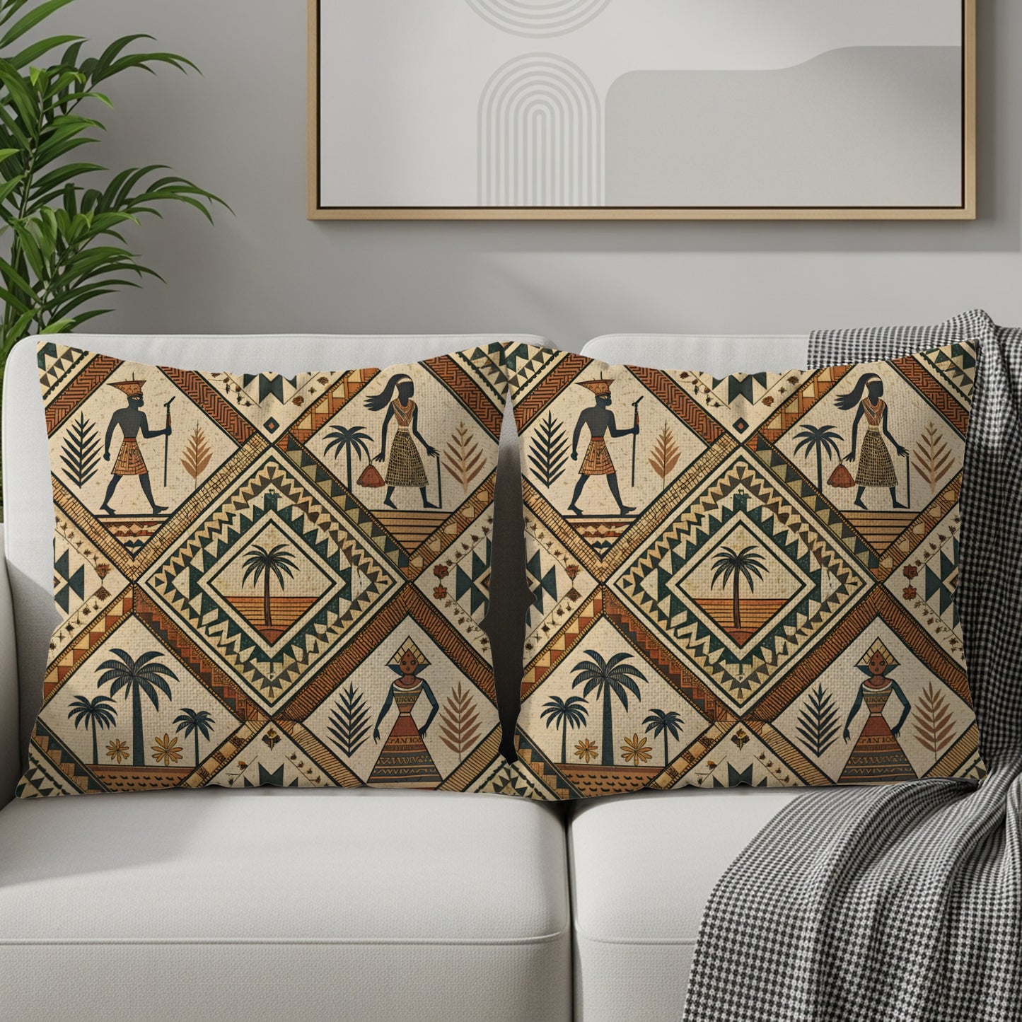 Egyptian Figures Palm Trees Cultural Pattern Pillows & Pillow Cases - Walk Greener