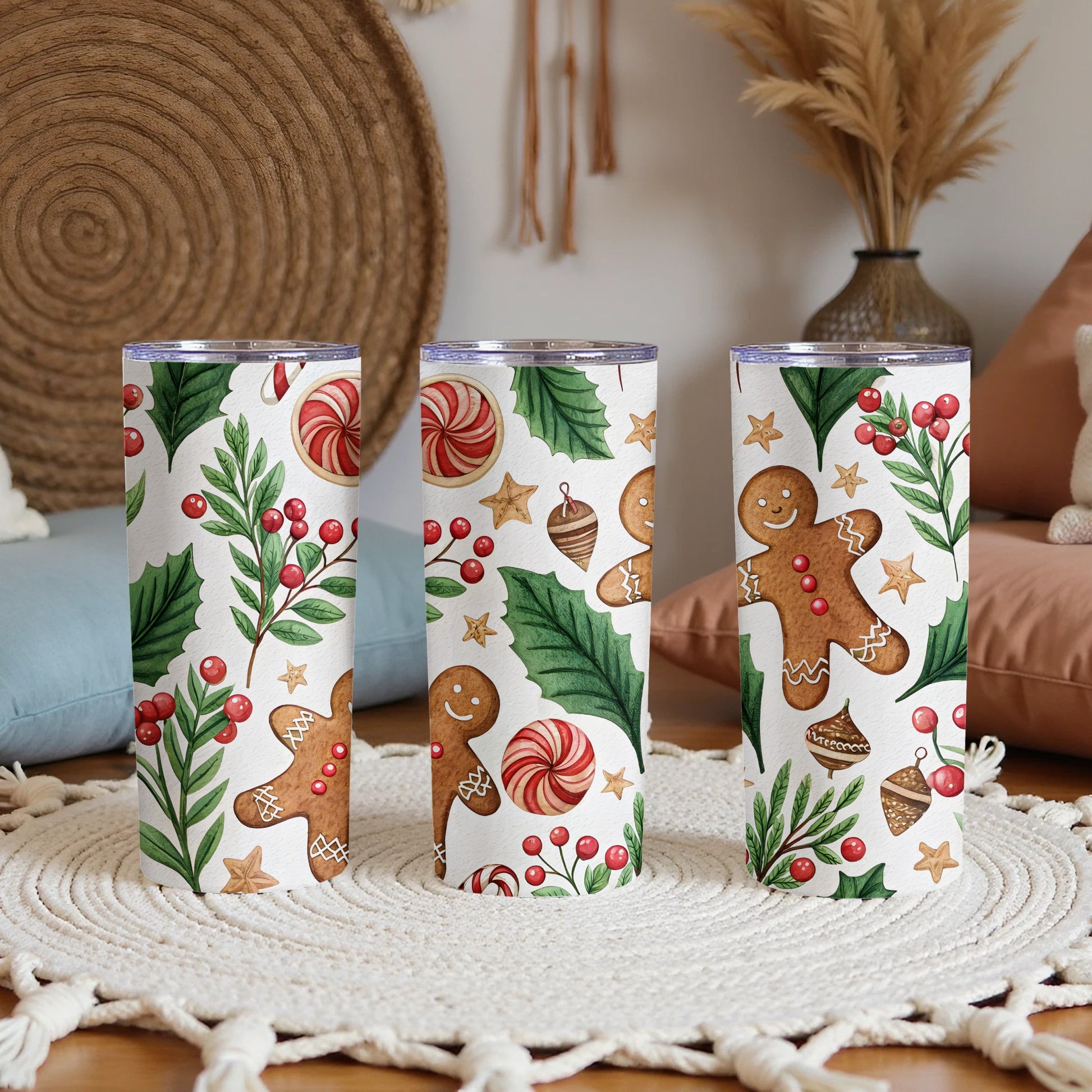Watercolor Festive Pattern with Ginger Bread and Holly Tumbler - Walk Greener