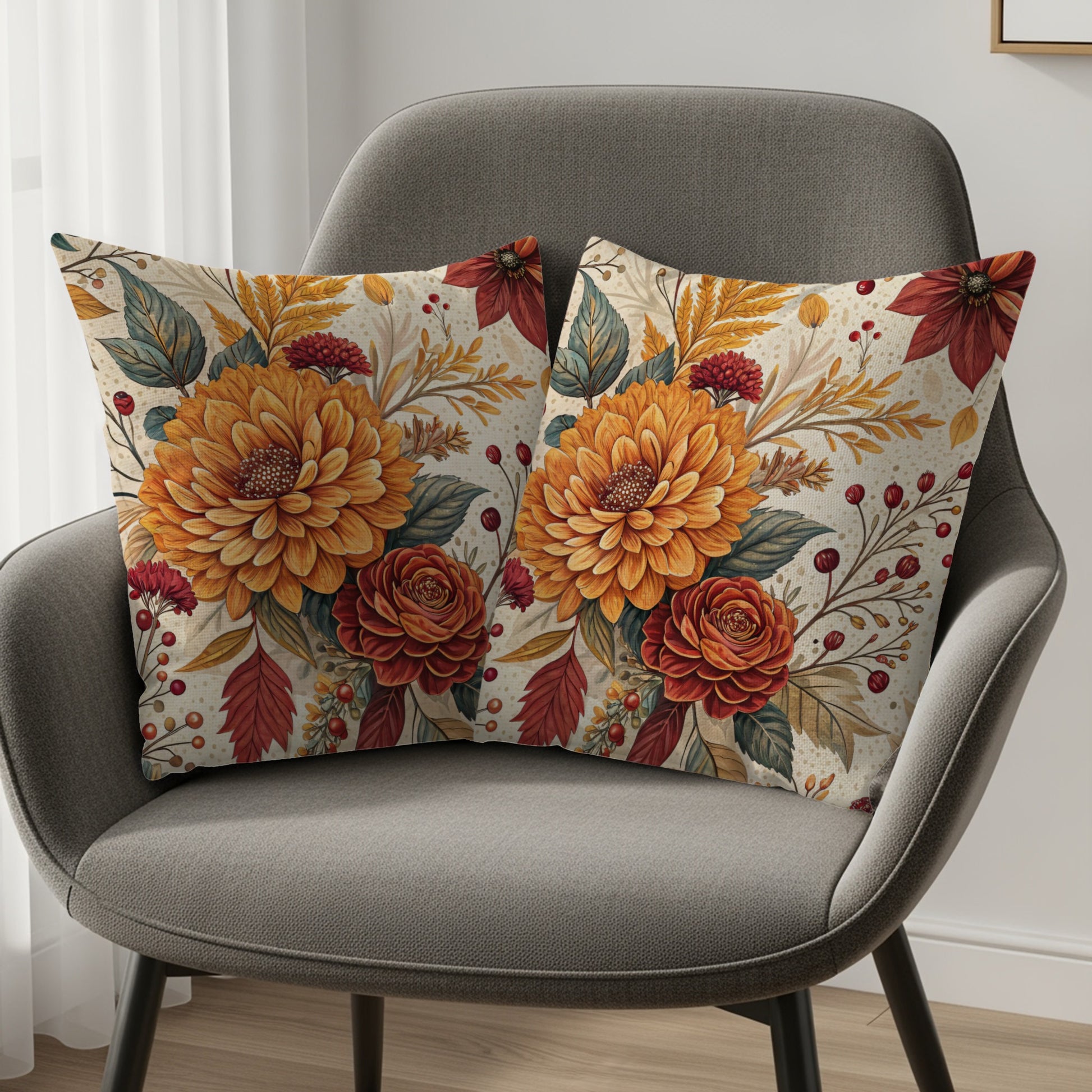 Elegant Autumn Floral Pattern Throw Pillow Set