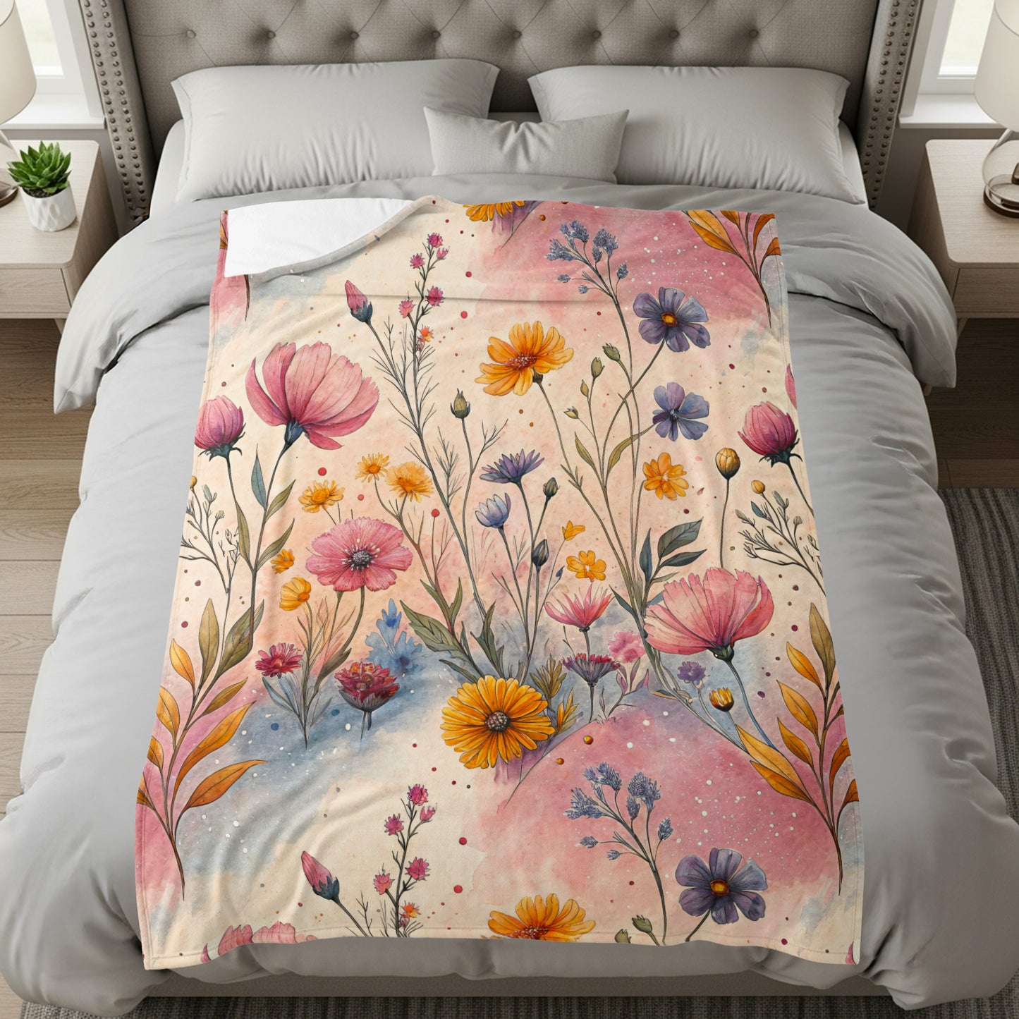 Watercolor Meadow Flowers on Light Background Velveteen Plush Blankets - Walk Greener