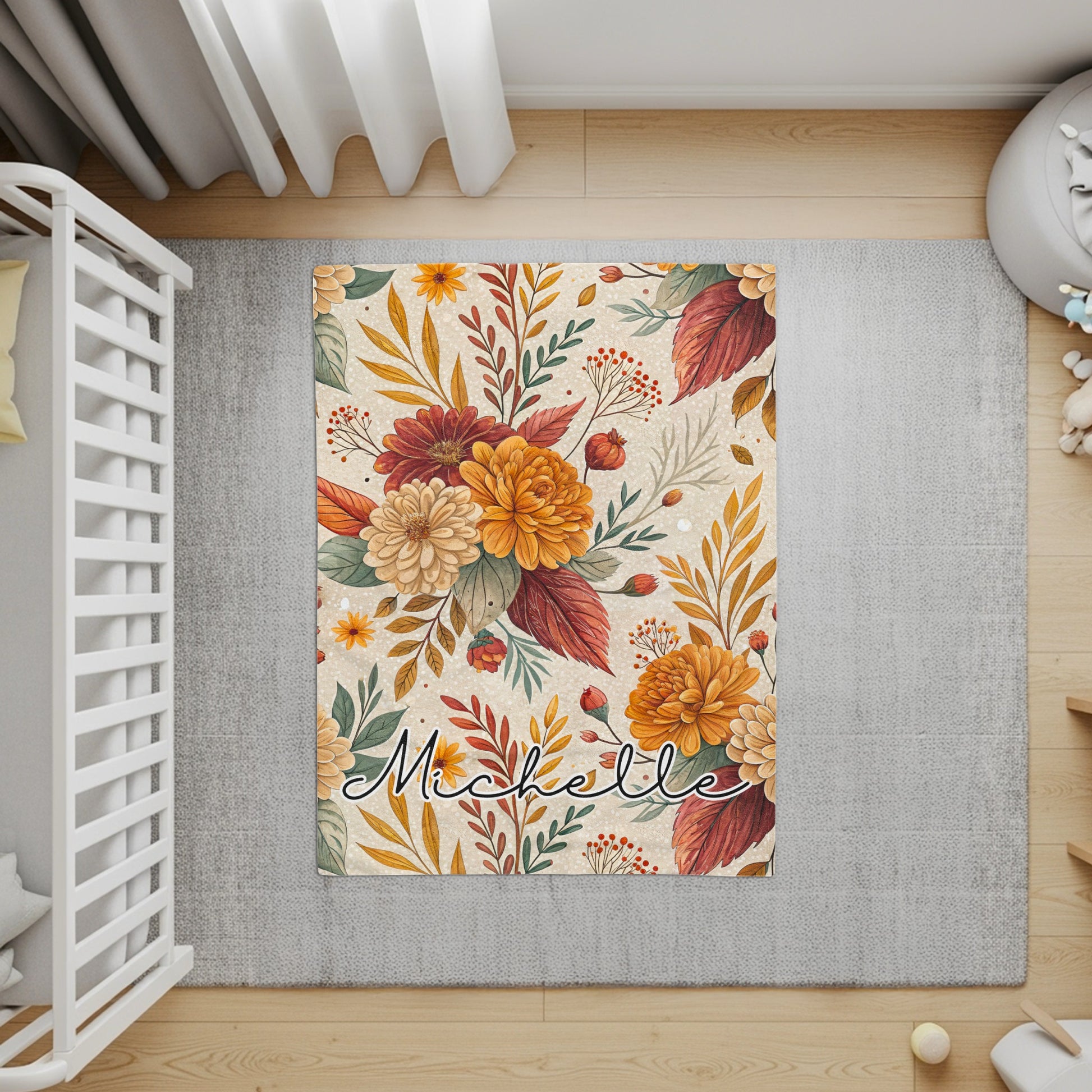 Personalized Floral Design Autumn Themed Baby Nursery Rug