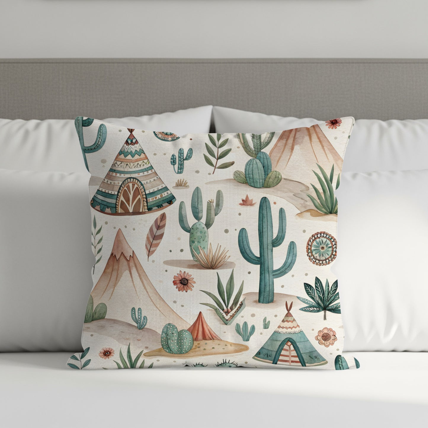 Decorative Pillow with Bohemian Desert Teepee Design