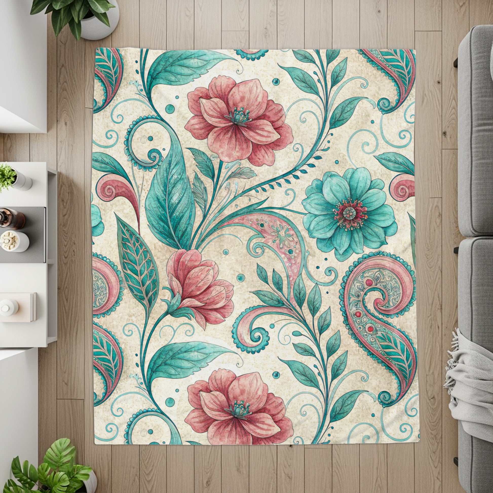 Floral Paisleys in Pink and Teal Watercolor Style Art - Walk Greener