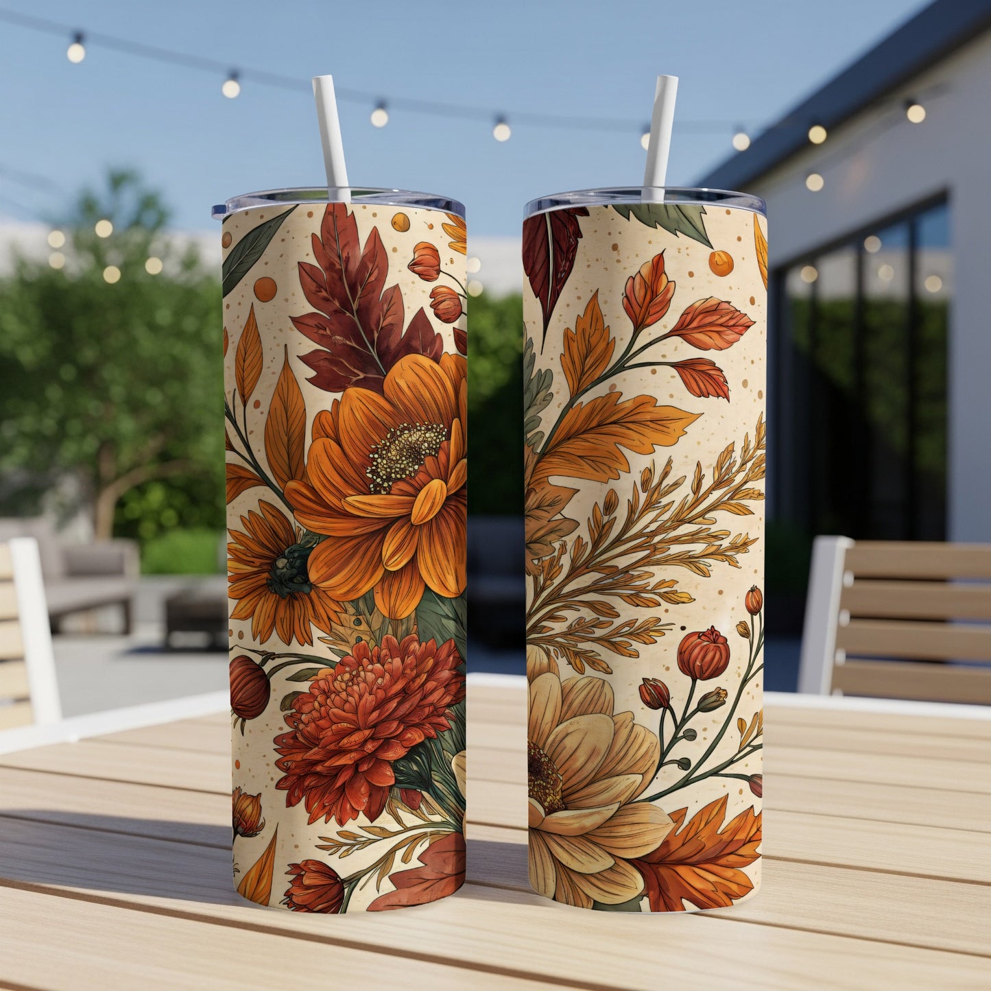 Autumn Floral Design Tumbler with Straw for Beverages