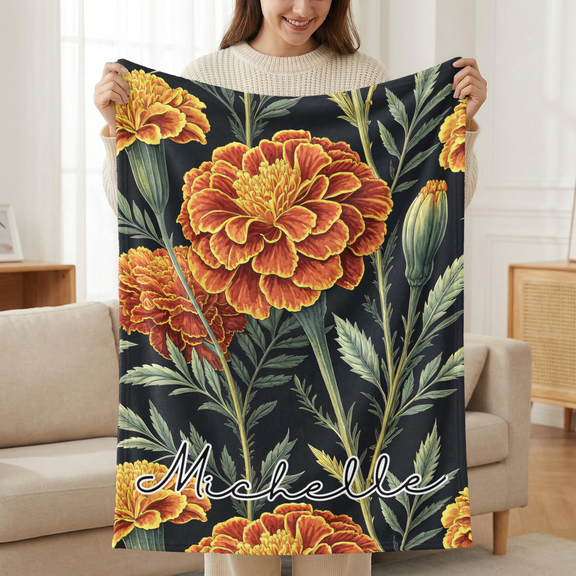 Marigold Flowers Custom Personalized Name Blanket Decor - Walk Greener