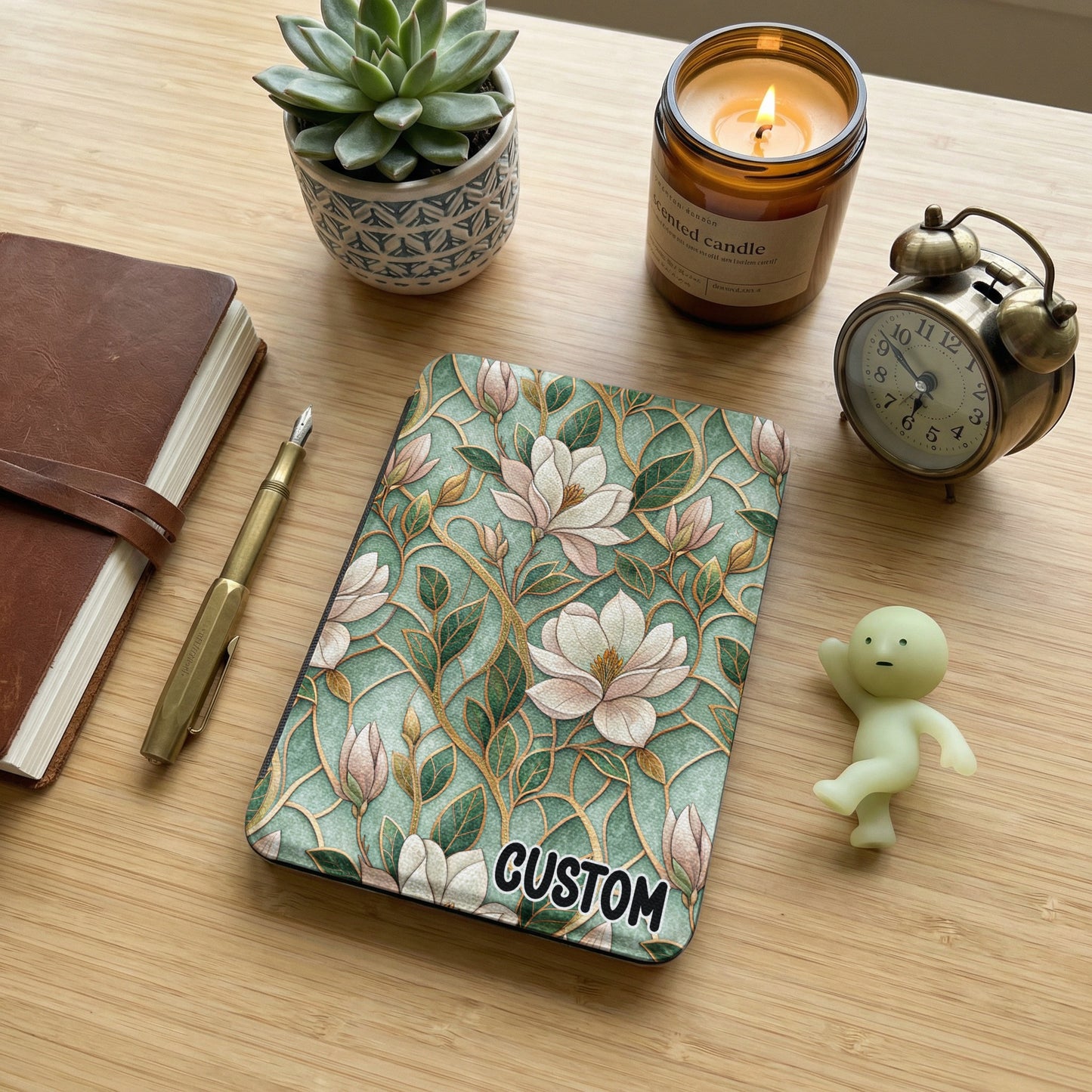 Custom Floral Design Journal with Vintage Clock and Plant