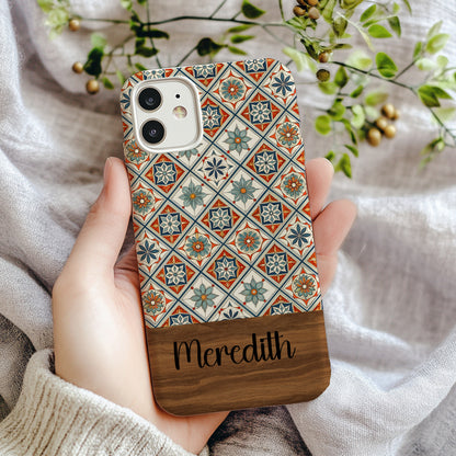 Ornate Floral Pattern In Squares With Custom Name Phone Case - Walk Greener