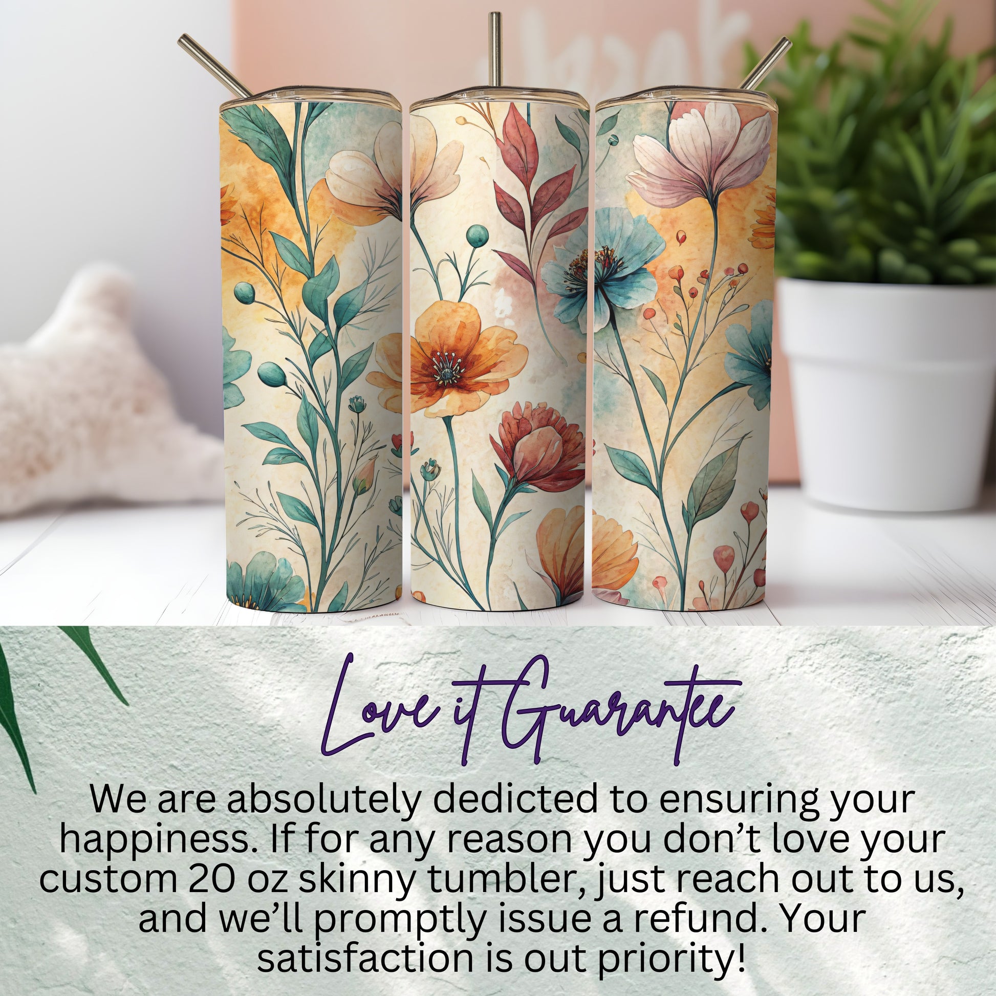 Watercolor Floral Pattern Botanical 20 oz Skinny Tumbler - Walk Greener