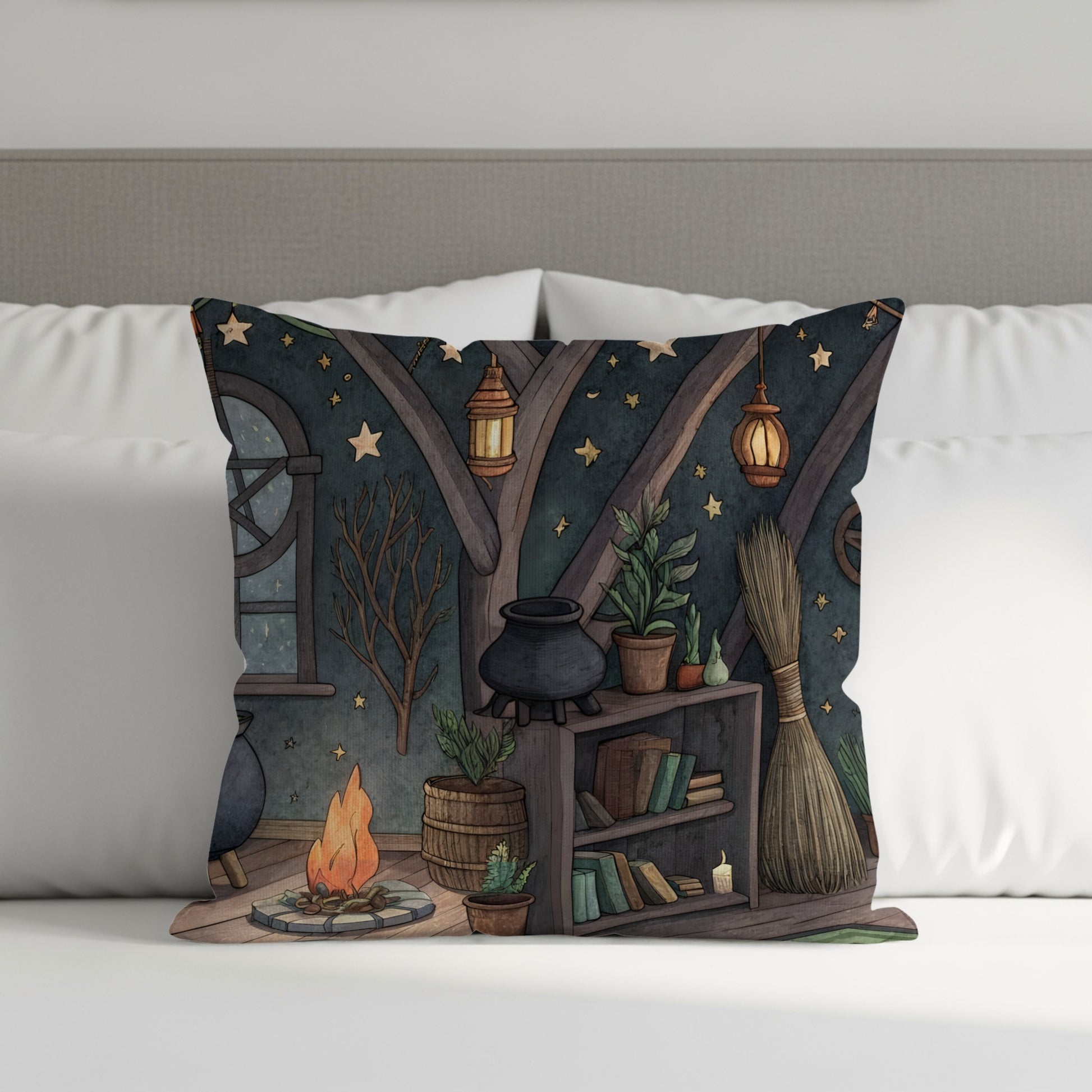Cozy Witchcraft Themed Pillow with Fireplace and Cauldron
