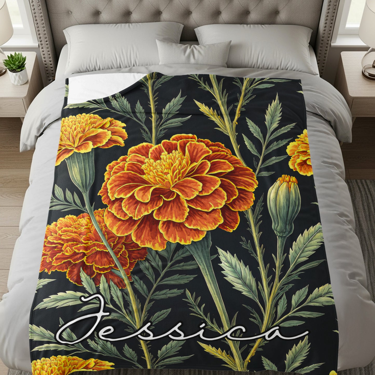 Marigold Flowers Custom Personalized Name Blanket Decor - Walk Greener