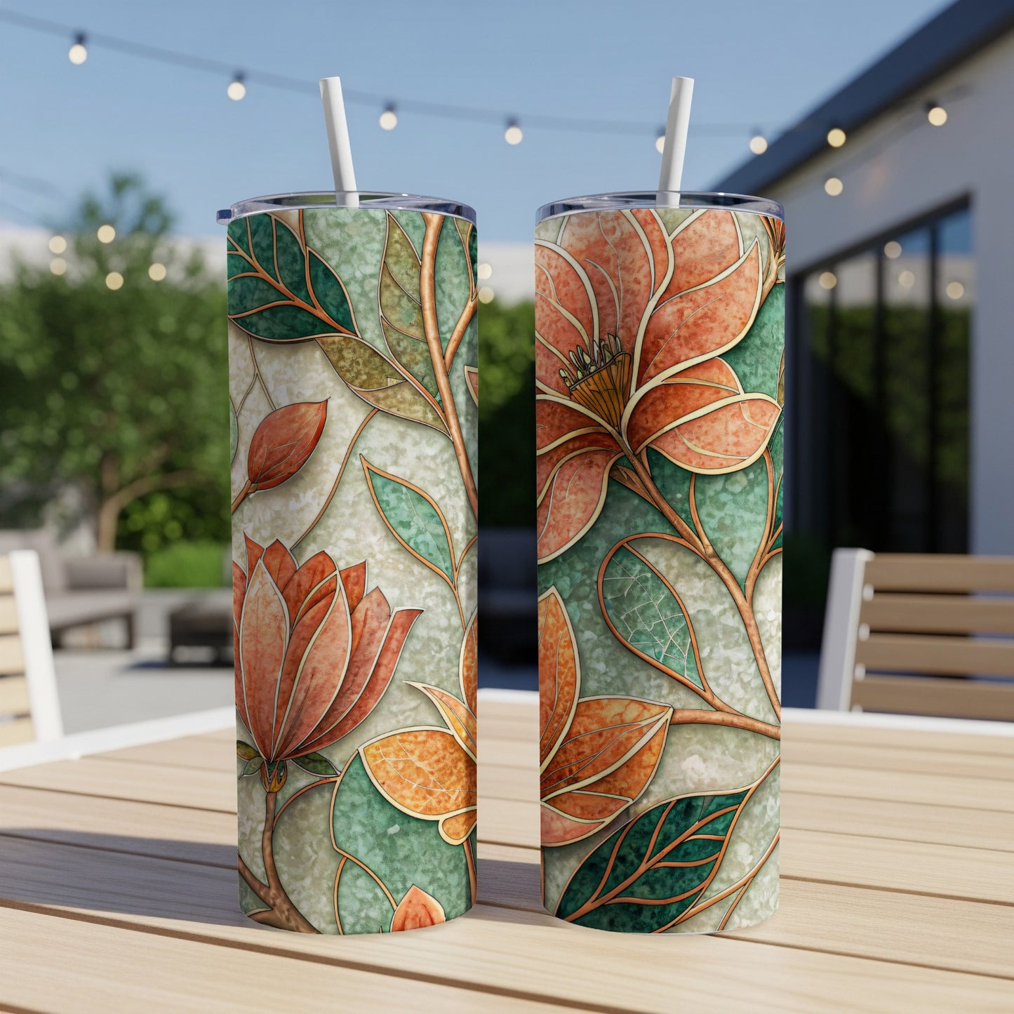 Peach and Green Flowers Artistic Pattern Beautiful 20 oz Skinny Tumbler - Walk Greener