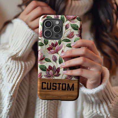 Custom Floral Pattern Phone Case with Wooden Design