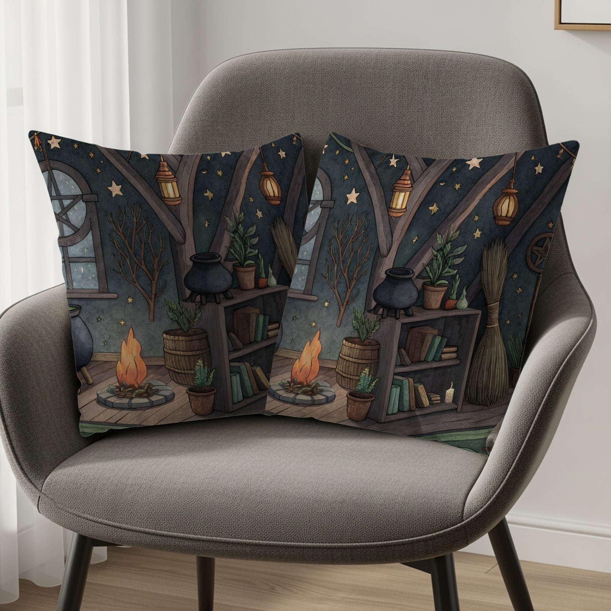 Cozy Fireplace and Bookshelf Print Cushion Covers
