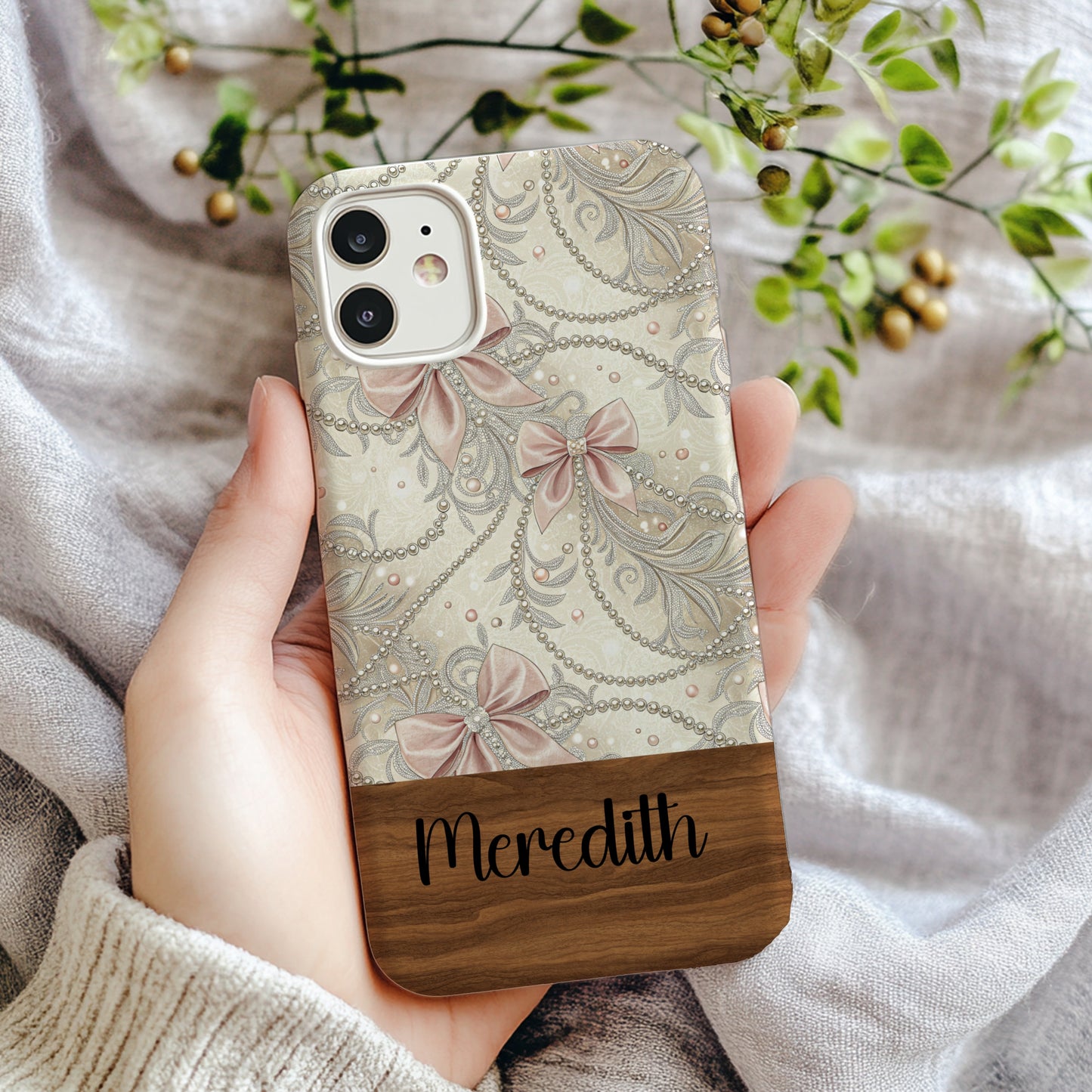 Elegant Bow and Pearl Design Personalized Phone Case