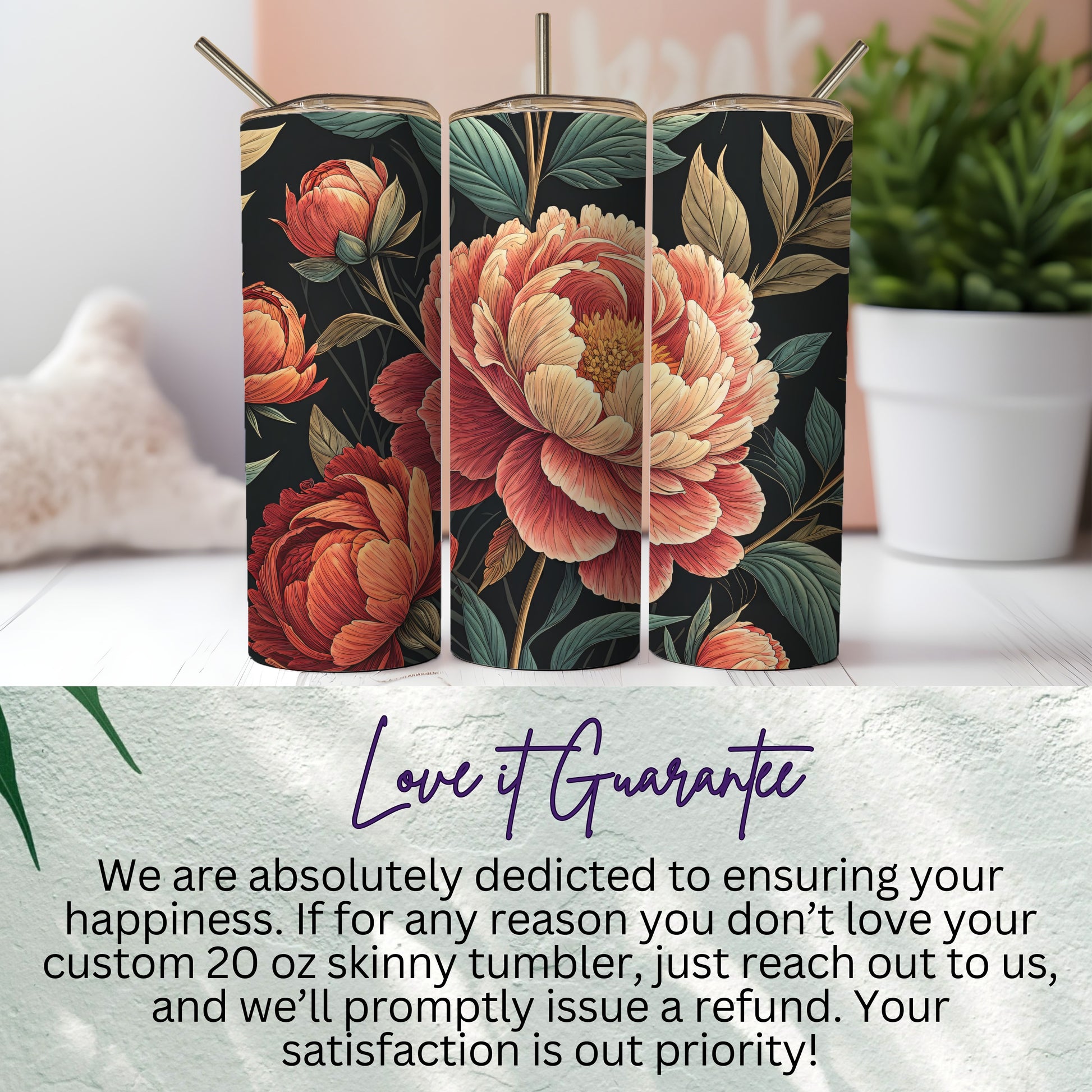 Custom Floral 20 oz Skinny Tumbler with Straw Tumbler