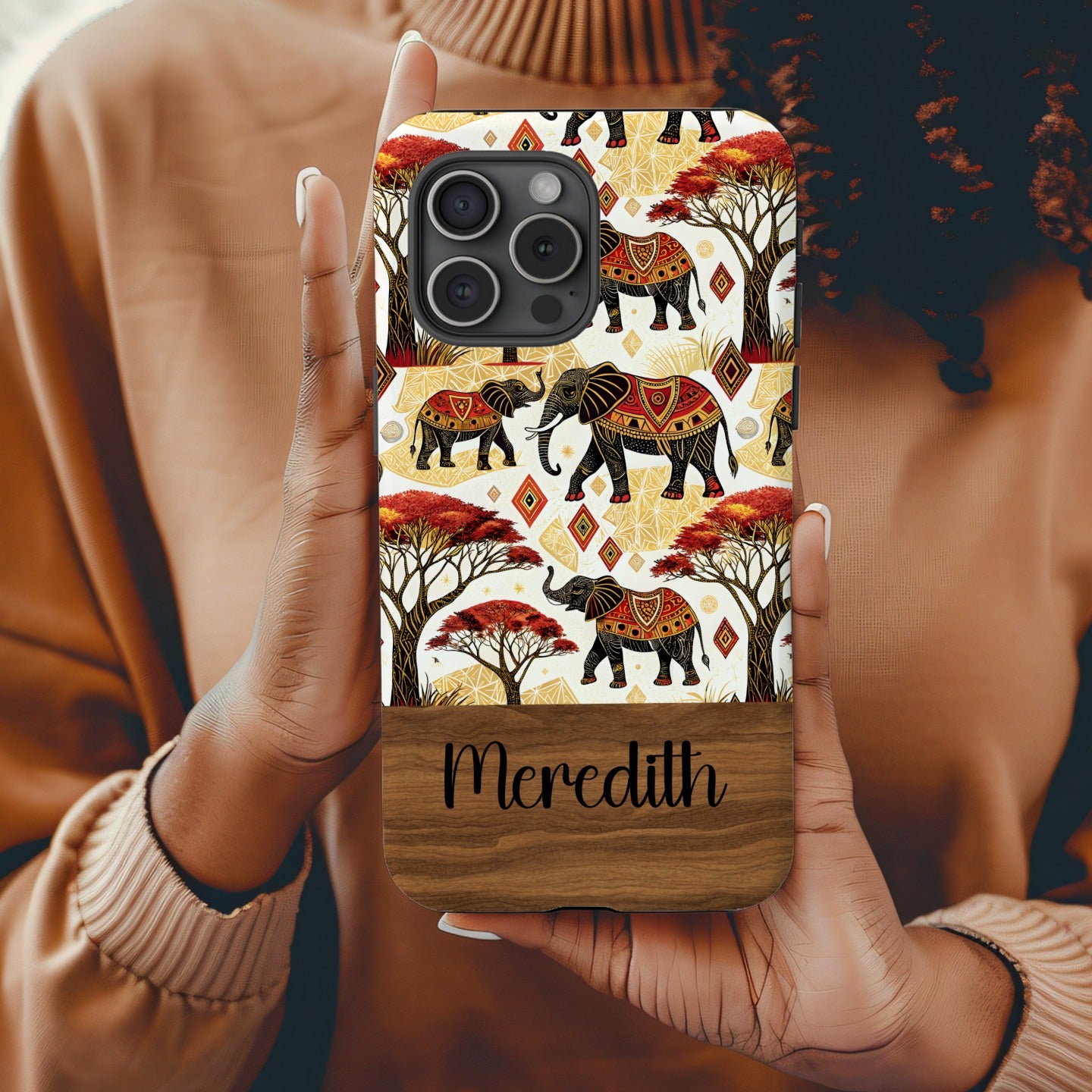 African Elephants Savannah Trees and Diamond Shapes Custom Phone Case - Walk Greener