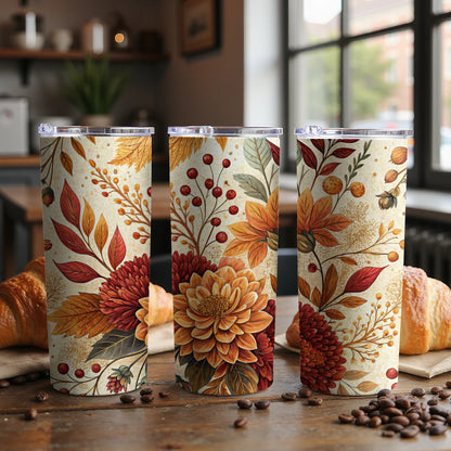 Autumn Floral Pattern Travel Tumbler with Lid