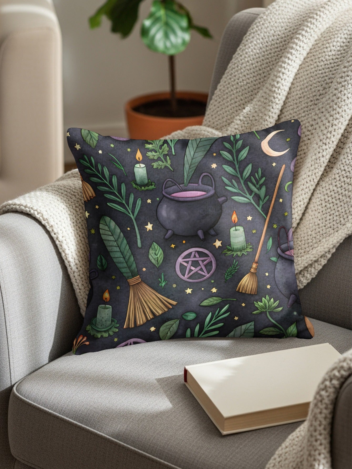 Witchcraft Pattern With Cauldron Moon Stars Pentagrams Throw Pillows - Walk Greener