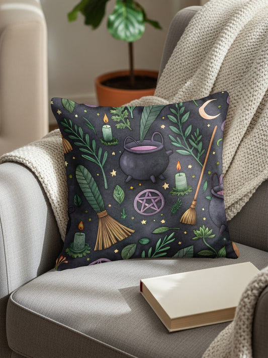 Witchcraft Pattern With Cauldron Moon Stars Pentagrams Throw Pillows - Walk Greener