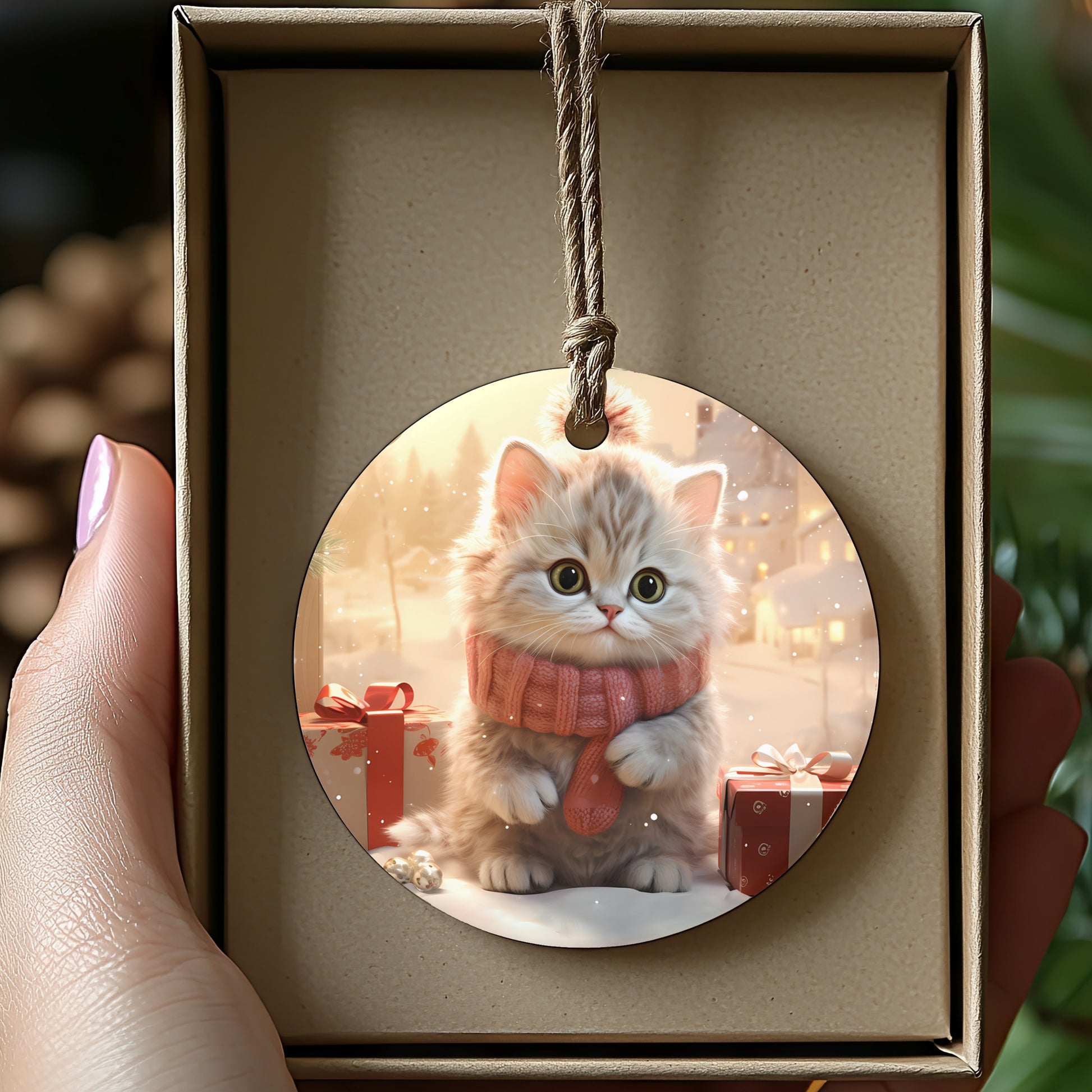 Cute Kitten With Presents Holiday Ornament product