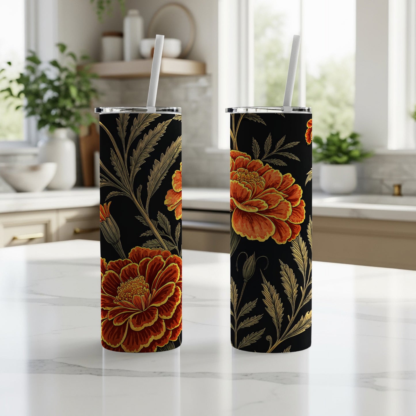 Floral Fiesta A Dark Blooming Marigolds Pattern Tumblers - Walk Greener