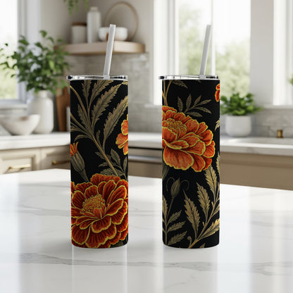 Floral Fiesta A Dark Blooming Marigolds Pattern Tumblers - Walk Greener