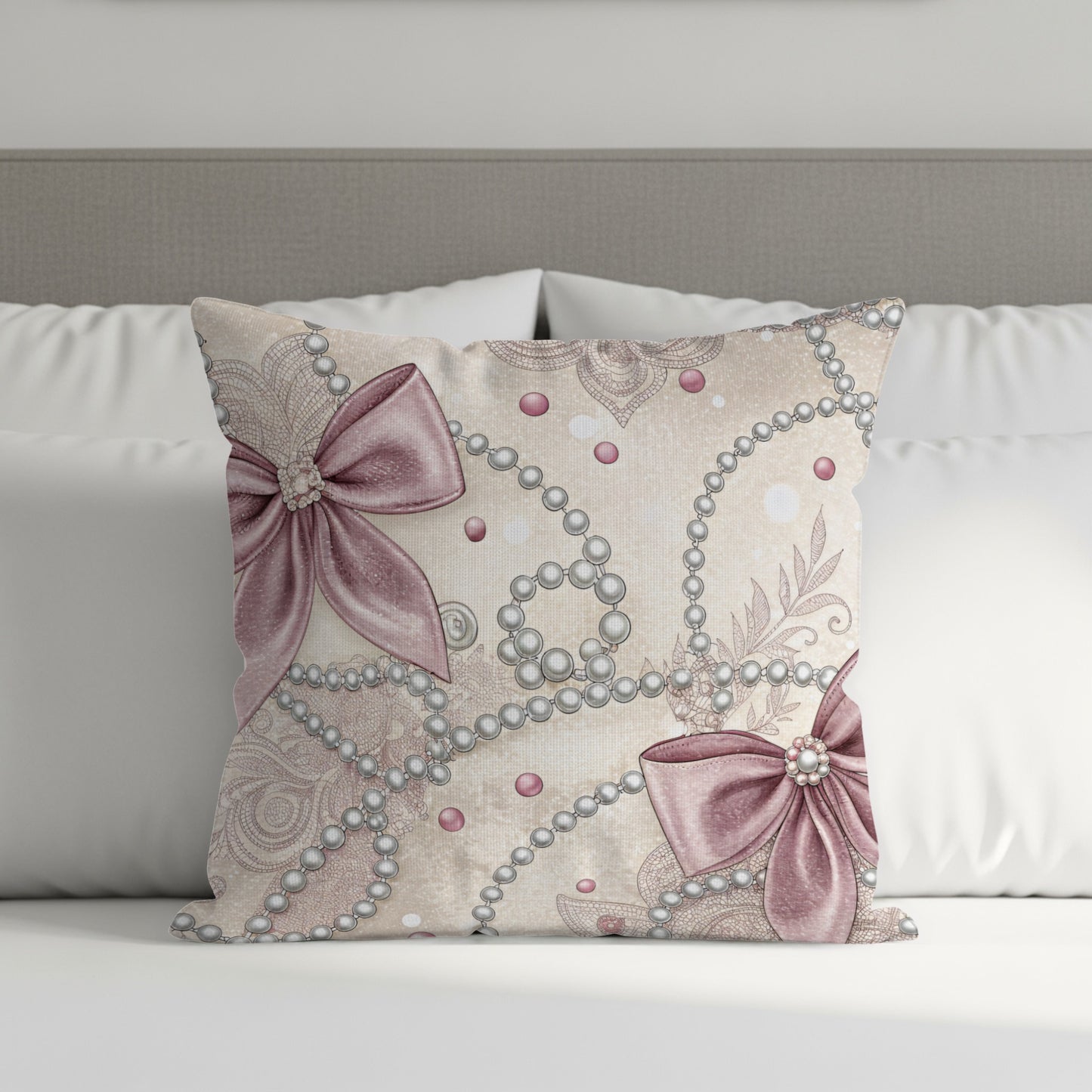 Elegant Pink Ribbon and Pearl Design Pillow Product