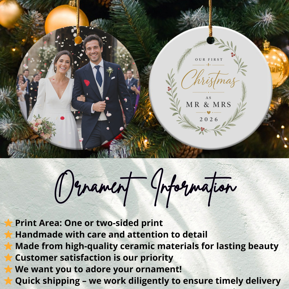 Wedding ornament with "Our First Christmas as Mr & Mrs 2026" text and couple photo.