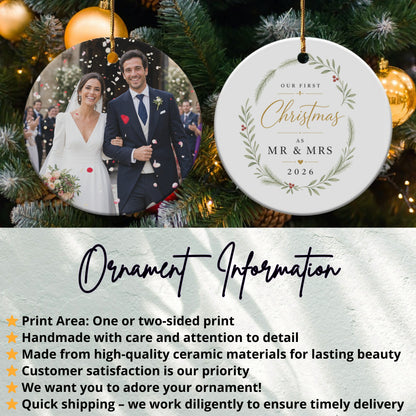 Wedding ornament with "Our First Christmas as Mr & Mrs 2026" text and couple photo.