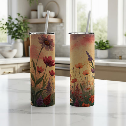 Watercolor Floral Design Colorful Flowers 20 oz Skinny Tumbler - Walk Greener
