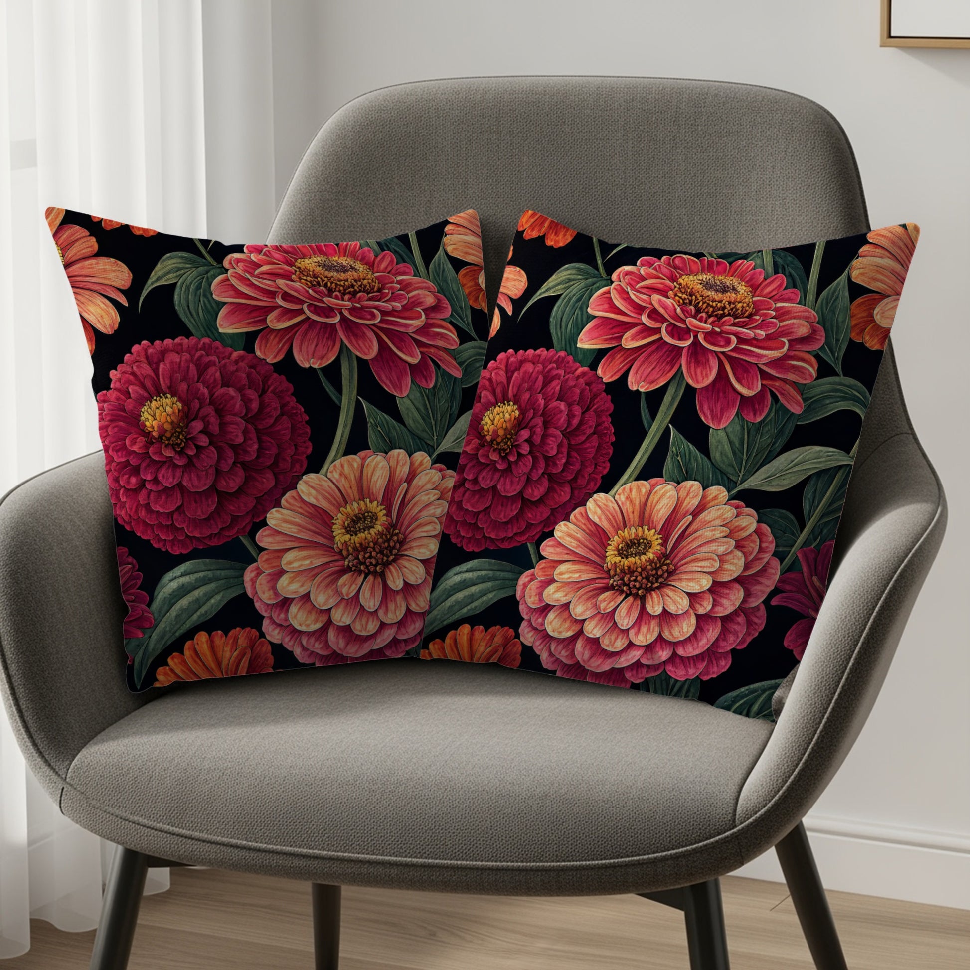 Bold Blooming Zinnias on Black Decorative Floral Throw Pillows - Walk Greener