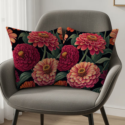 Bold Blooming Zinnias on Black Decorative Floral Throw Pillows - Walk Greener