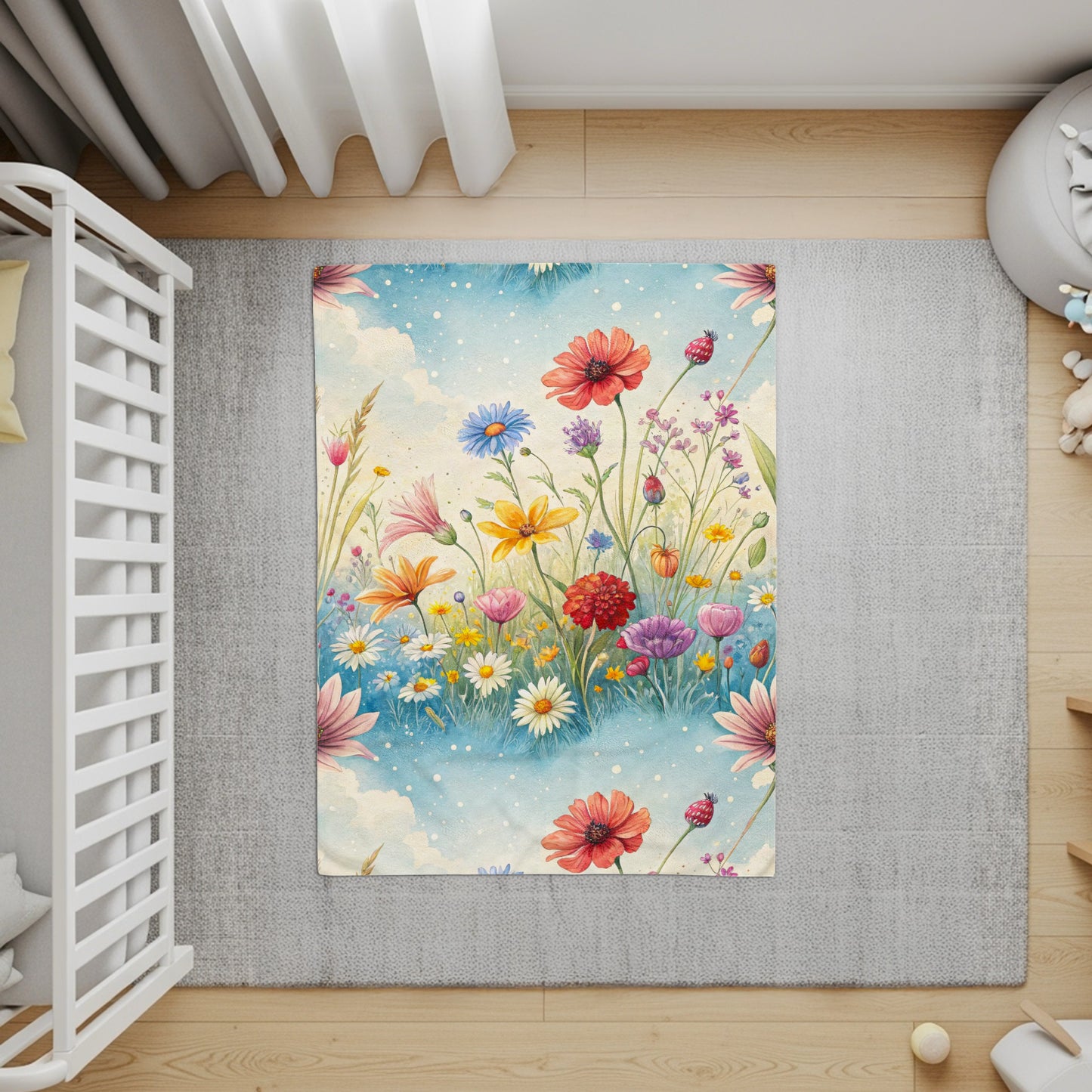 Watercolor Meadow in Sky With Flowers Velveteen Plush Blankets - Walk Greener